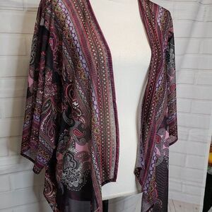 Pretty One World Purple Paisley Cardigan Kimono womens L large Overlay